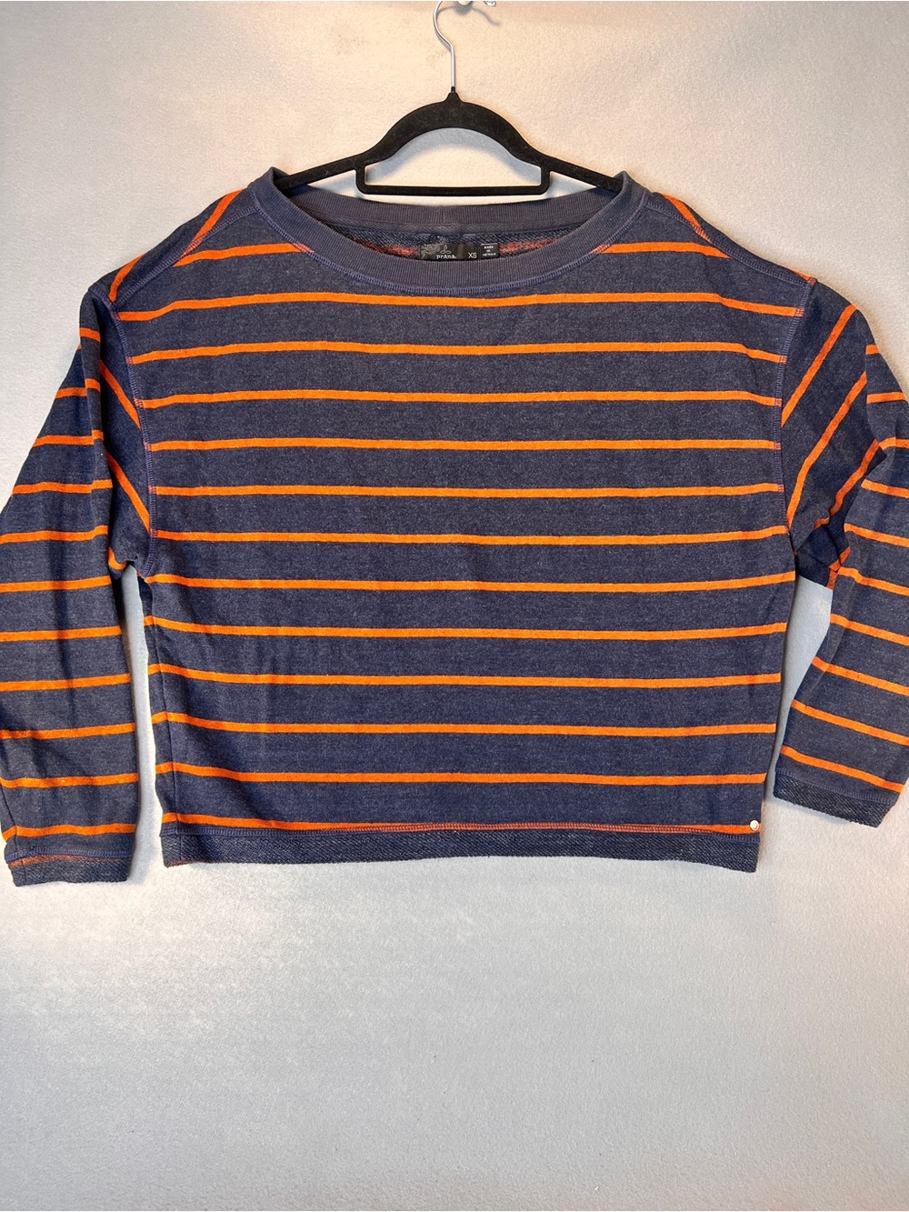 prAna Women's Cozy Up Polmdale Top XS Navy Blue Orange Stripe Crop Hemp